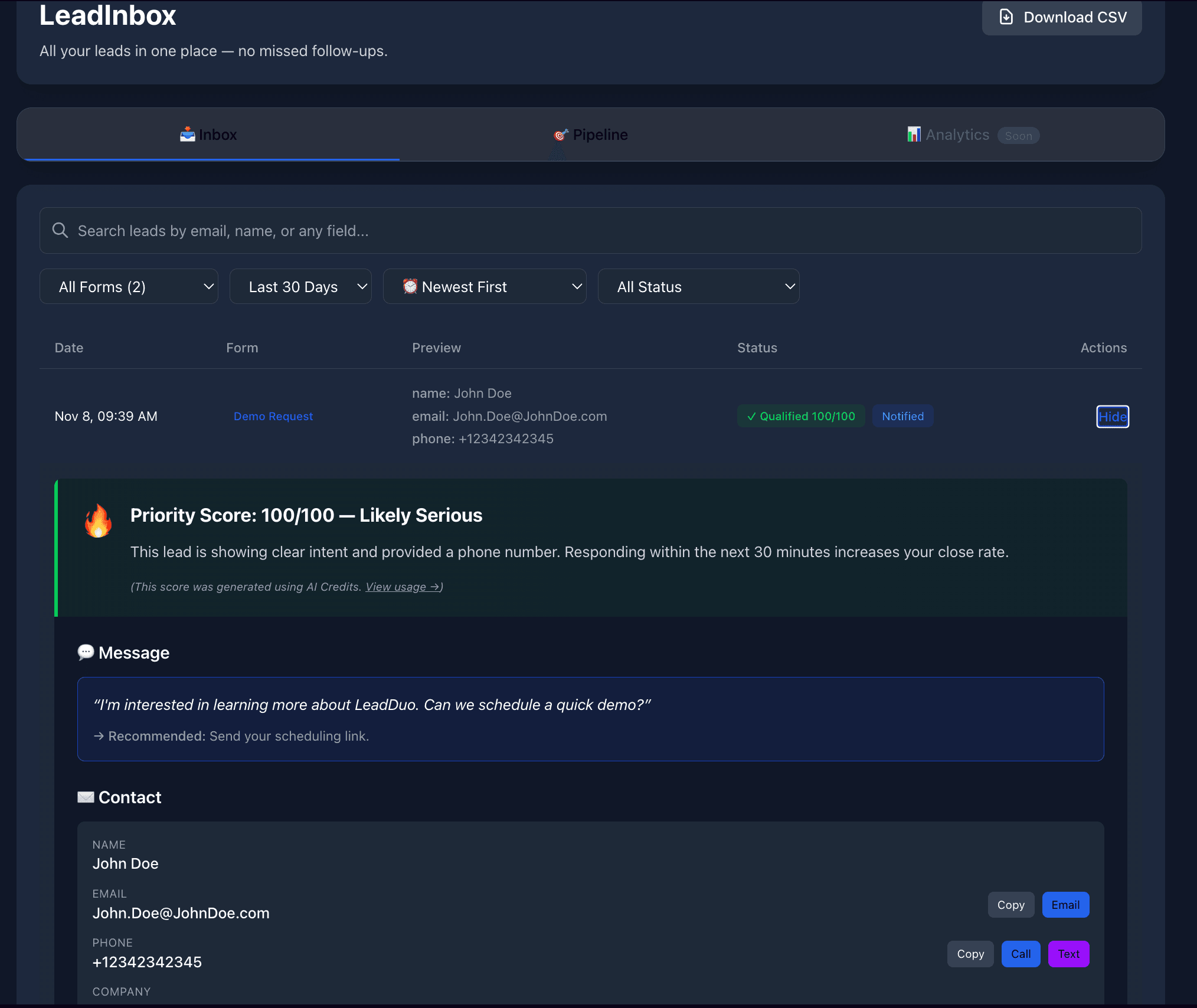 LeadDuo LeadInbox interface showing lead management and prioritization